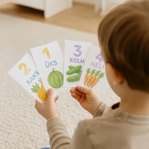 Eestikeelsed Numbrikaardid 1-20: Puu- ja Juurviljad, Pastelsed Toonid (Ainult Digitaalne Fail)