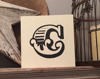 Personalised letter block, initial, wooden letters, monograms, carnival letters, 15cm square, hand painted, letter C, with hanger