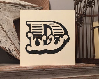 Personalised letter block, initial, wooden letters, monograms, carnival letters, 15cm square, hand painted, letter D, with hanger