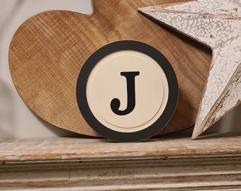 Rustic Letter J Sign: Cream & Black Distressed Wood Monogram