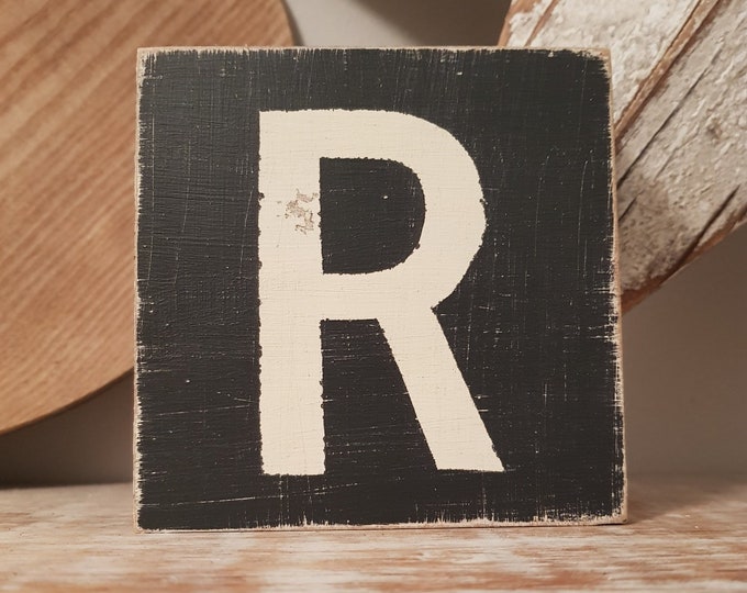 wooden sign, vintage style, personalised letter blocks, initials, wooden letters, monograms, letter R,  10cm square, hand painted