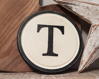 20cm Round Letter T Sign, Monogram, Initial, Wall Art, Home Decor, Rustic Letters, All letters available, inc ampersand, typewriter style