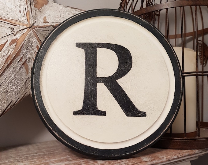 20cm Round Letter R Sign, Monogram, Initial, Wall Art, Home Decor, Rustic Letters, All letters available, inc ampersand, typewriter style