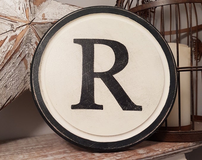 15cm Round Letter R Sign, Monogram, Initial, Wall Art, Home Decor, Rustic Letters, All letters available, inc ampersand, typewriter style