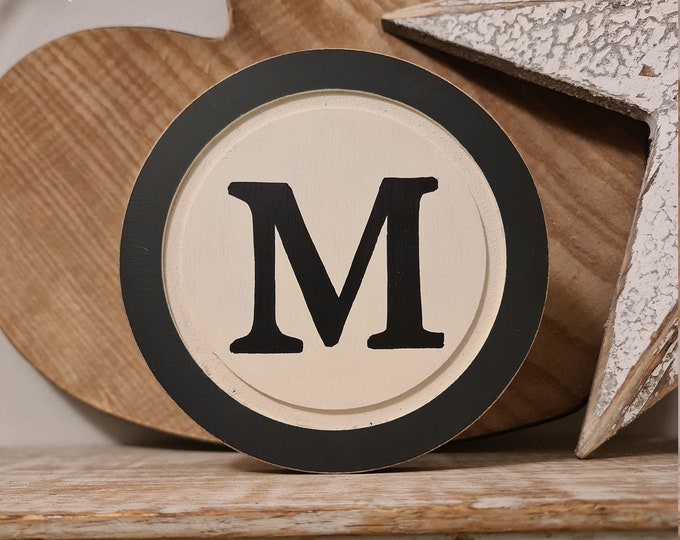 20cm Round Letter M Sign, Monogram, Initial, Wall Art, Home Decor, Rustic Letters, All letters available, inc ampersand, typewriter style