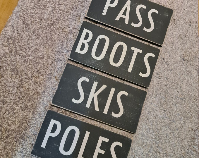 Set of 4 - Large Wooden Ski Signs, Chalet, Lodge, Apartment Decor, Ski Decor 30cm