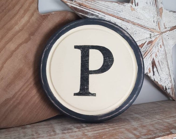 20cm Round Letter P Sign, Monogram, Initial, Wall Art, Home Decor, Rustic Letters, All letters available, inc ampersand, typewriter style