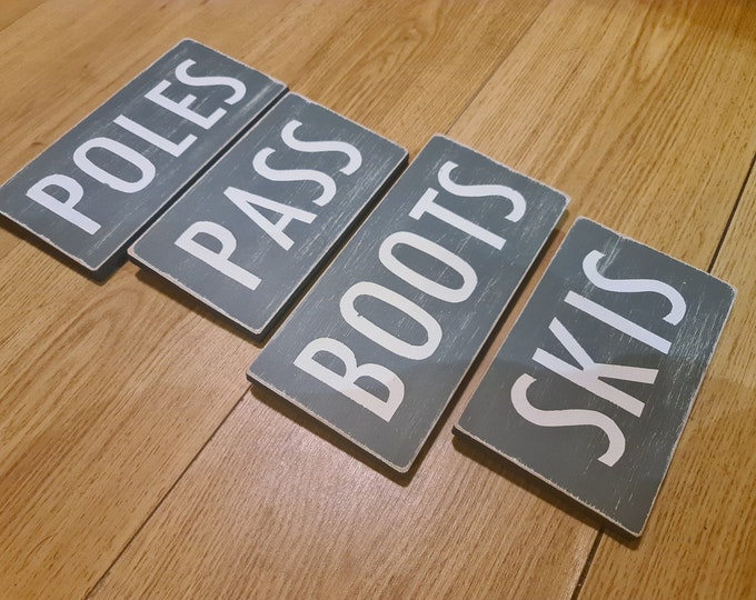 Set of 4 Wooden Ski Signs, Chalet, Lodge, Apartment Decor, Ski Decor - Grey