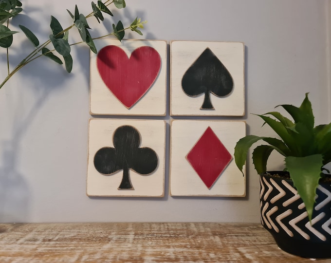 3D Playing Card Suit Signs - Set of 4 - wooden Card Symbols - Heart, Club, Diamond, Spade, Games Room Decor