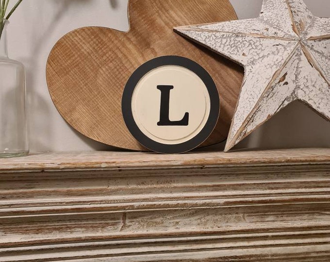 15cm Round Letter L Sign, Monogram, Initial, Wall Art, Home Decor, Rustic Letters, All letters available, slight distress, typewriter style