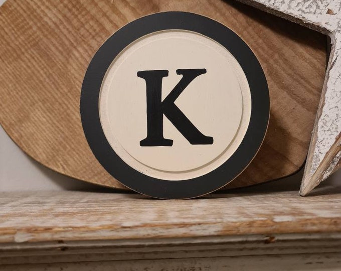15cm Round Letter K Sign, Monogram, Initial, Wall Art, Home Decor, Rustic Letters, All letters available, slight distress, typewriter style