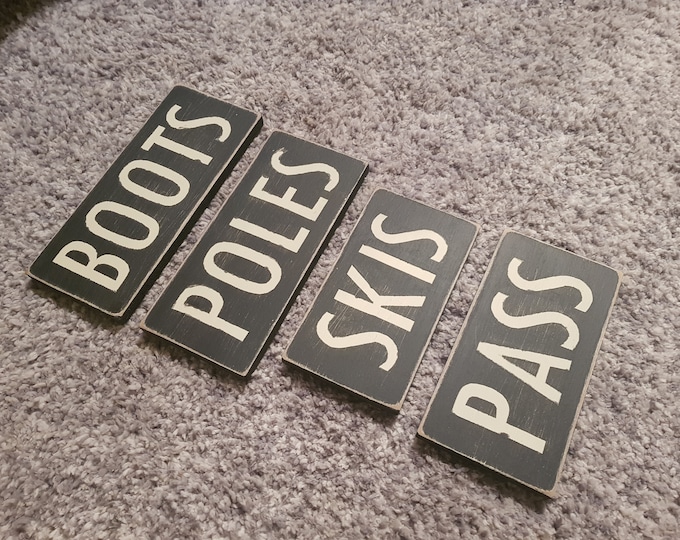 Set of 4 Wooden Ski Signs, Chalet, Lodge, Apartment Decor, Ski Decor