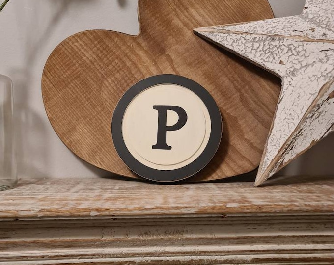 15cm Round Letter P Sign, Monogram, Initial, Wall Art, Home Decor, Rustic Letters, All letters available, slight distress, typewriter style