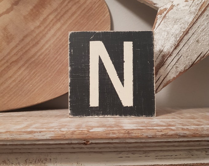 wooden sign, vintage style, personalised letter blocks, initials, wooden letters, monograms, letter N,  10cm square, hand painted