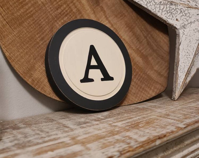 15cm Round Letter A Sign, Monogram, Initial, Wall Art, Home Decor, Rustic Letters, All letters available, slight distress, typewriter style