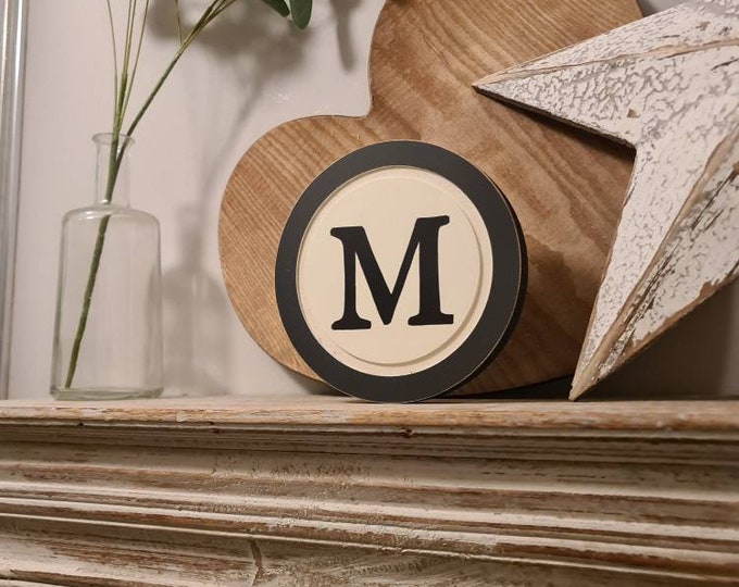 15cm Round Letter M Sign, Monogram, Initial, Wall Art, Home Decor, Rustic Letters, All letters available, slight distress, typewriter style