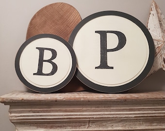 15cm Round Letter P Sign, Monogram, Initial, Wall Art, Home Decor, Rustic Letters, All letters available, inc ampersand, typewriter style