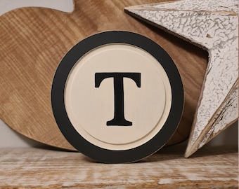 Rustic Letter T Sign: 15cm Cream & Black Monogram Wall Art