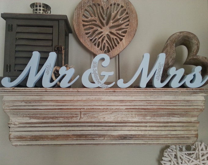 Wooden Wedding Letters - Mr & Mrs - New Script - 10cm - Free-standing - Hand-painted, Personalised