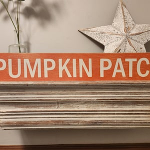 Peut inclure: Une pancarte en bois orange avec du texte blanc qui dit "Pumpkin Patch". La pancarte est posée sur une étagère blanche avec une décoration en forme d'étoile blanche derrière.