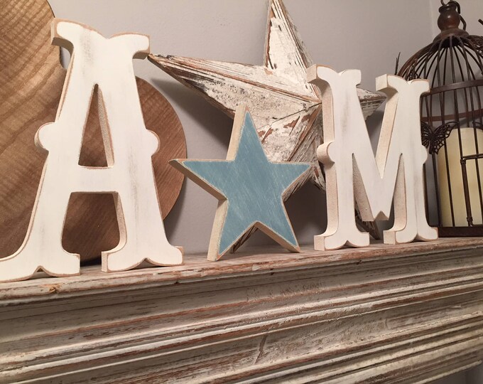Wooden Wedding Letters and a Love Heart - various finishes and colours available - set of 3 - 20cm letters, 15cm star, Circus Font