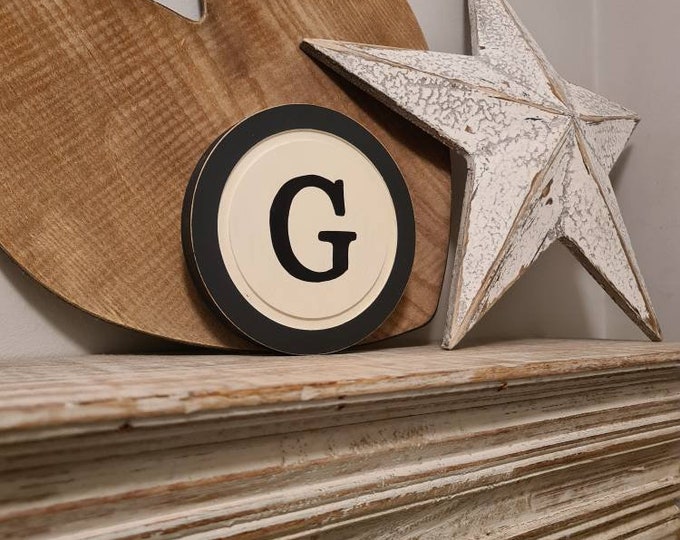 15cm Round Letter G Sign, Monogram, Initial, Wall Art, Home Decor, Rustic Letters, All letters available, slight distress, typewriter style