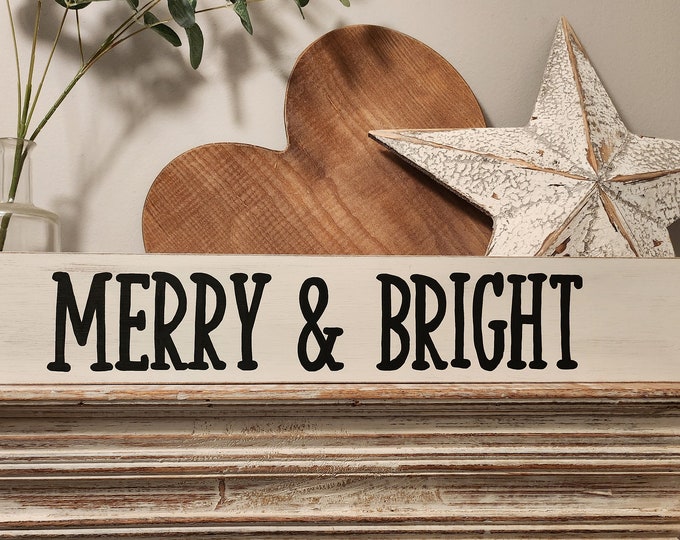Large Wooden Christmas Sign - Merry & Bright - Rustic, Vintage, Shabby Chic, 60cm