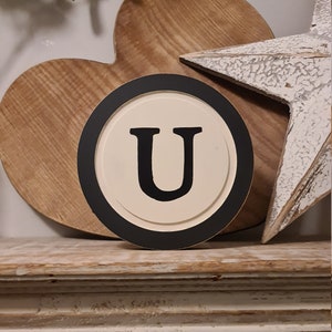 15cm Round Letter U Sign, Monogram, Initial, Wall Art, Home Decor, Rustic Letters, All letters available, slight distress, typewriter style