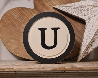 15cm Round Letter U Sign, Monogram, Initial, Wall Art, Home Decor, Rustic Letters, All letters available, slight distress, typewriter style