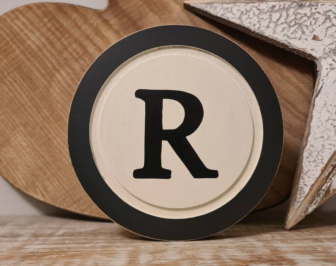 15cm Round Letter R Sign, Monogram, Initial, Wall Art, Home Decor, Rustic Letters, All letters available, slight distress, typewriter style