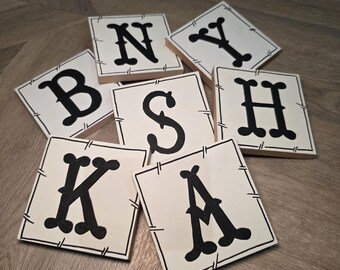 Hand Painted Rustic Wooden Letter Block, Vintage Style Monogram (10cm)