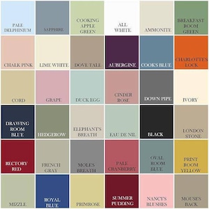 May include: A color chart with 20 different paint colors, each with a name. The colors include pale delphinium, sapphire, cooking apple green, all white, ammonite, breakfast room green, chalk pink, lime white, dove tale, aubergine, cook's blue, charlotte's lock, cord, grape, duck egg, cinder rose, down pipe, ivory, drawing room blue, hedgerow, elephant's breath, eau de nil, black, london stone, rectory red, french gray, mole's breath, pale cranberry, oval room blue, print room yellow, mizzle, royal blue, primrose, summer pudding, nancy's blushes, mouse's back.