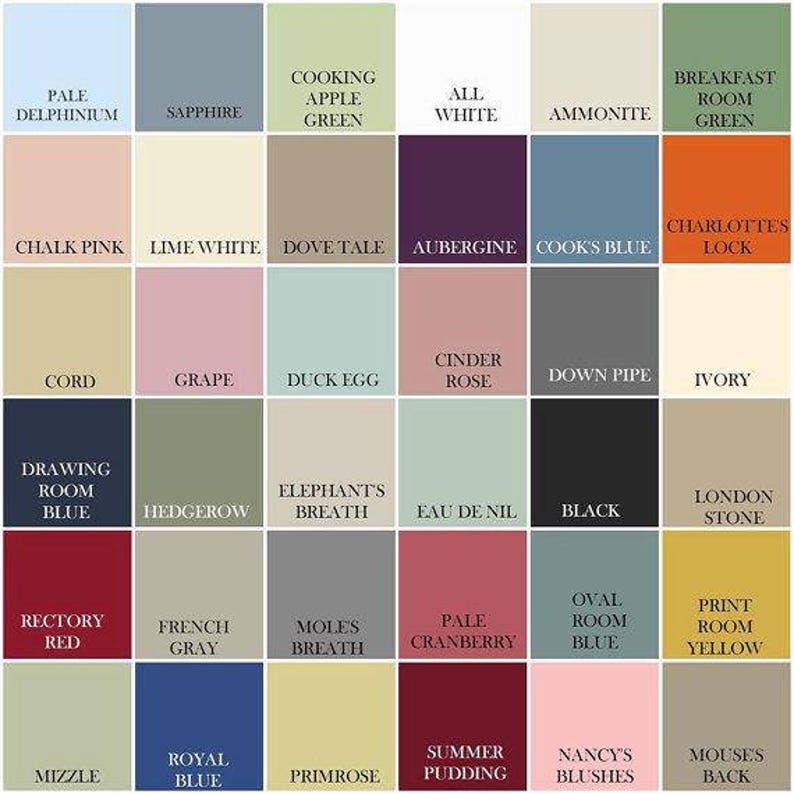 May include: A color chart with 20 different paint colors, each with a name. The colors include pale delphinium, sapphire, cooking apple green, all white, ammonite, breakfast room green, chalk pink, lime white, dove tale, aubergine, cook's blue, charlotte's lock, cord, grape, duck egg, cinder rose, down pipe, ivory, drawing room blue, hedgerow, elephant's breath, eau de nil, black, london stone, rectory red, french gray, mole's breath, pale cranberry, oval room blue, print room yellow, mizzle, royal blue, primrose, summer pudding, nancy's blushes, mouse's back.