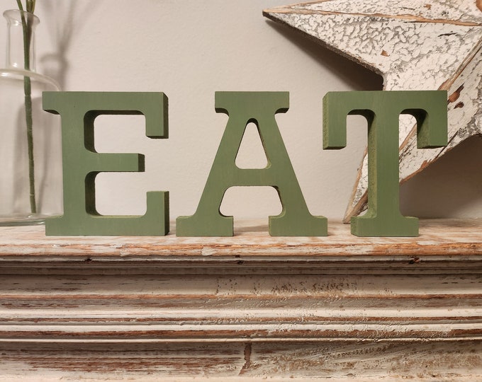 Painted Wooden Letters- EAT - Rockwell Font - various finishes, standing - Set of 3: 20cm