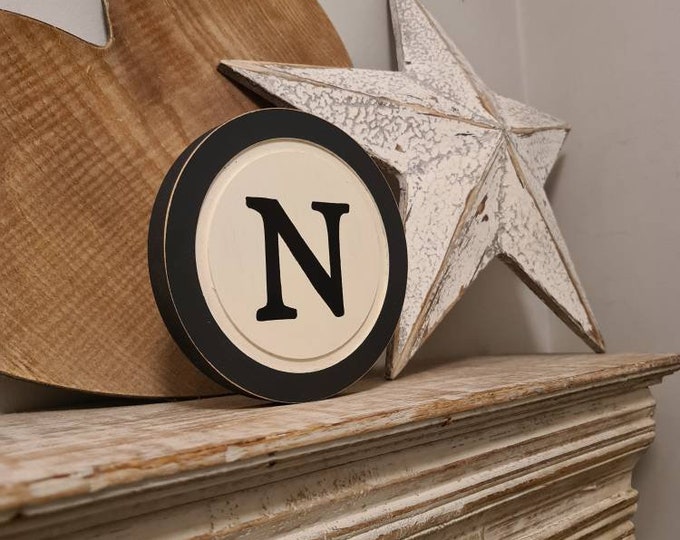 15cm Round Letter N Sign, Monogram, Initial, Wall Art, Home Decor, Rustic Letters, All letters available, slight distress, typewriter style