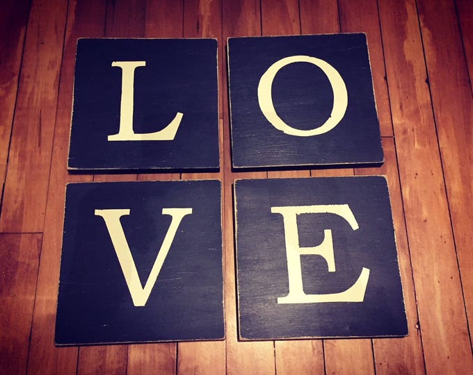 Wooden Letter Blocks, Plaques, Signs, Set of 4, 20cm square, hand painted, chalkboard style, spelling LOVE