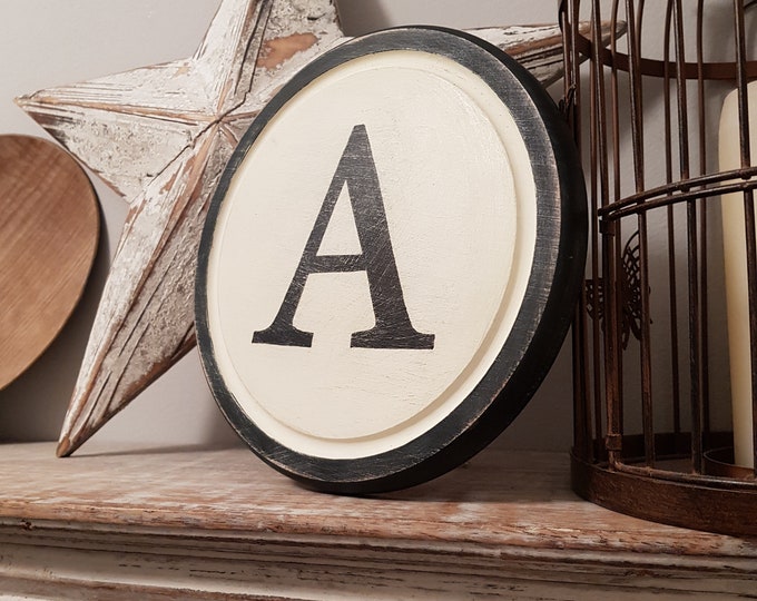 15cm Round Letter A Sign, Monogram, Initial, Wall Art, Home Decor, Rustic Letters, All letters available, inc ampersand, typewriter style