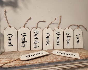 Set of 9 Christmas decorations,  Reindeer names, Rustic Wooden Gift Tags, Giant tags, Hanging Dec's, Santa's Reindeer