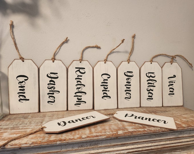 Set of 9 Christmas decorations,  Reindeer names, Rustic Wooden Gift Tags, Giant tags, Hanging Dec's, Santa's Reindeer