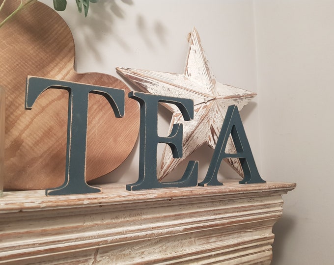 Set of 3 - Wooden painted letters, TEA - Times Font - various finishes, standing - Set of 3 - 10cm