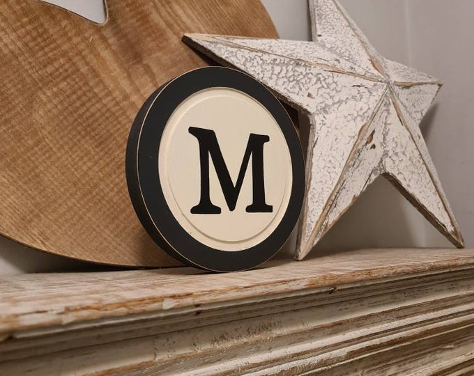 15cm Round Letter M Sign, Monogram, Initial, Wall Art, Home Decor, Rustic Letters, All letters available, slight distress, typewriter style