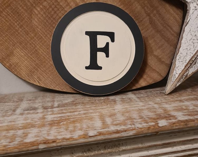 15cm Round Letter F Sign, Monogram, Initial, Wall Art, Home Decor, Rustic Letters, All letters available, slight distress, typewriter style