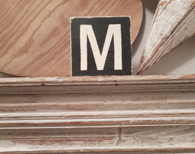 wooden sign, vintage style, personalised letter blocks, initials, wooden letters, monograms, letter M,  10cm square, hand painted