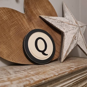 15cm Round Letter Q Sign, Monogram, Initial, Wall Art, Home Decor, Rustic Letters, All letters available, slight distress, typewriter style