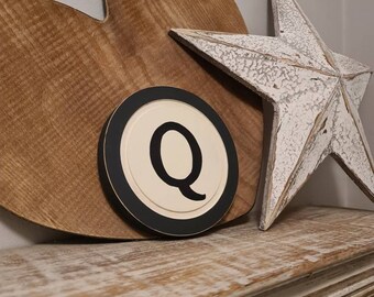 Rustic Letter Q Sign: 15cm Cream & Black Monogram Wall Art