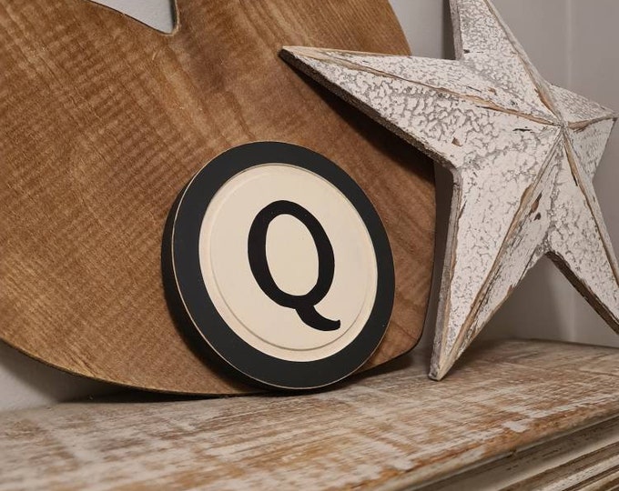 15cm Round Letter Q Sign, Monogram, Initial, Wall Art, Home Decor, Rustic Letters, All letters available, slight distress, typewriter style