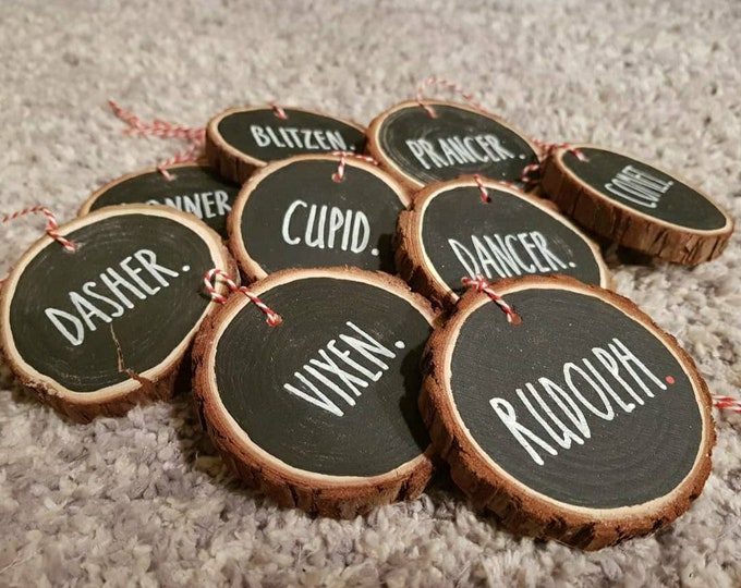 Set of 9 Christmas decorations,  Reindeer names, Rustic Wooden Slices, Log Slices