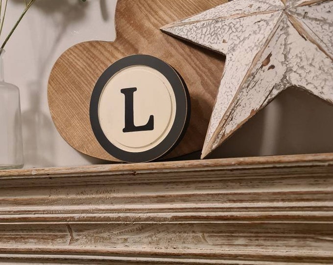 15cm Round Letter L Sign, Monogram, Initial, Wall Art, Home Decor, Rustic Letters, All letters available, slight distress, typewriter style