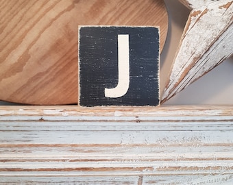 wooden sign, vintage style, personalised letter blocks, initials, wooden letters, monograms, letter J,  10cm square, hand painted