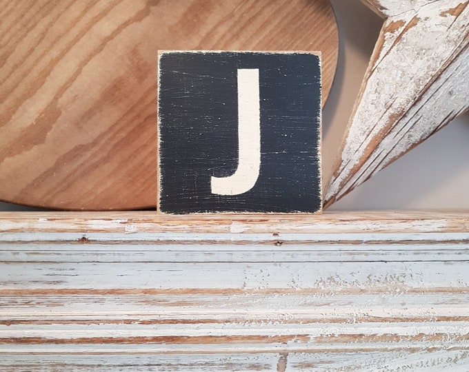 wooden sign, vintage style, personalised letter blocks, initials, wooden letters, monograms, letter J,  10cm square, hand painted